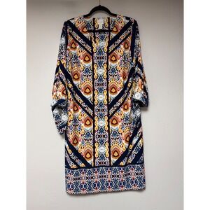 Chico's Shift Dress Women 2 L Multicolor Ikat Geometric V-Neck Tie Cuff Great